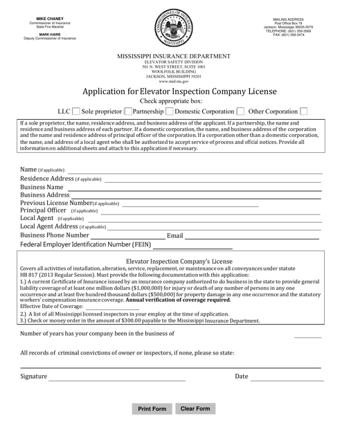 Application for Elevator Inspection Company License - Mississippi Download Pdf