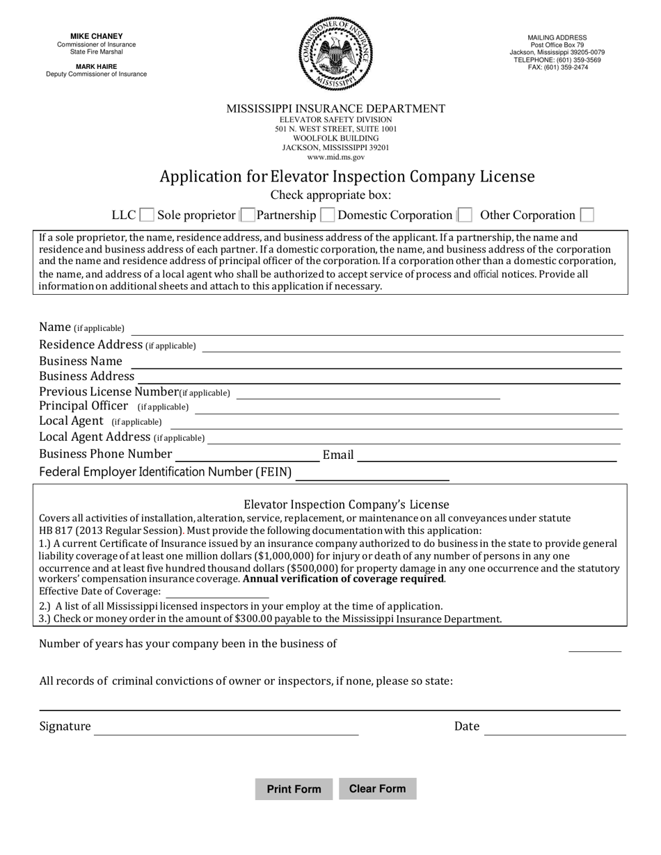 Application for Elevator Inspection Company License - Mississippi, Page 1
