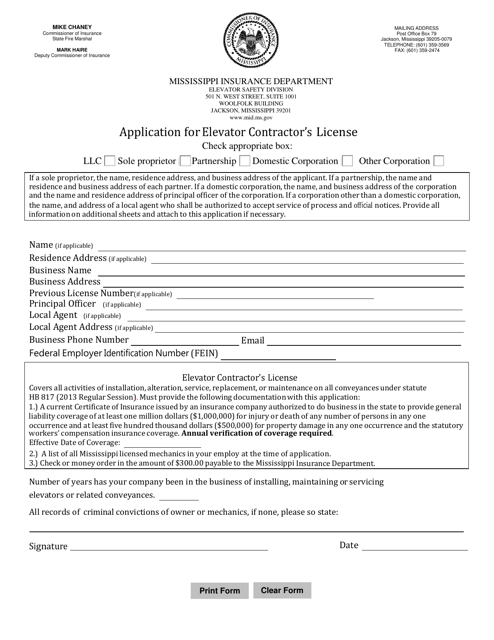 Application for Elevator Contractor's License - Mississippi