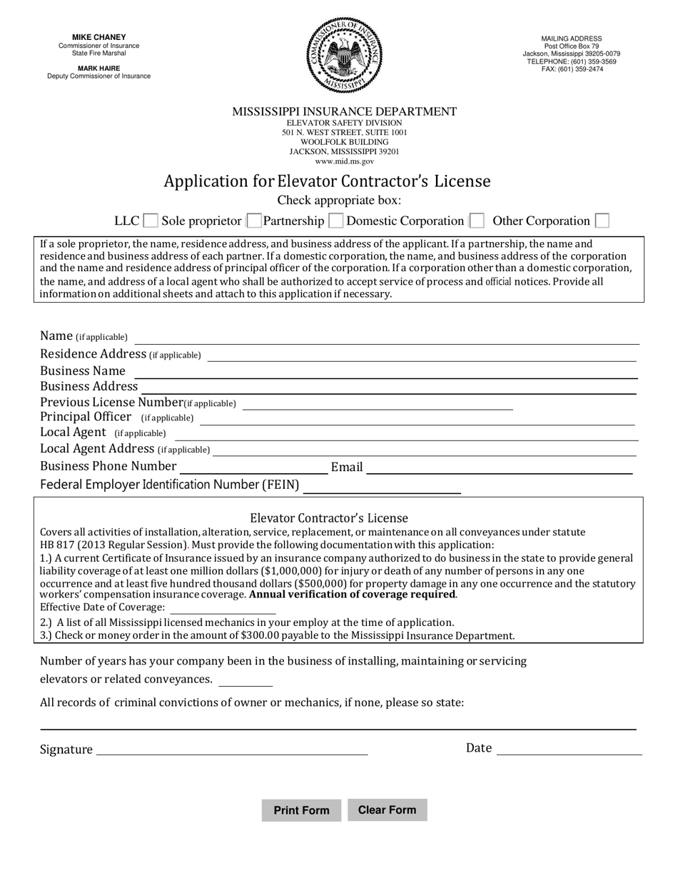 Application for Elevator Contractors License - Mississippi, Page 1