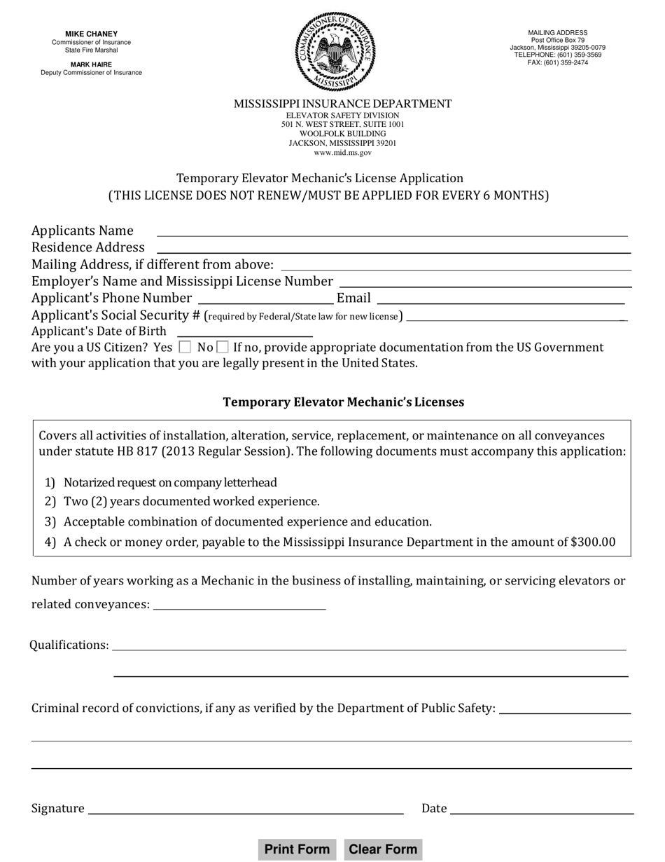 Temporary Elevator Mechanics License Application - Mississippi, Page 1