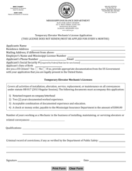 Document preview: Temporary Elevator Mechanic's License Application - Mississippi