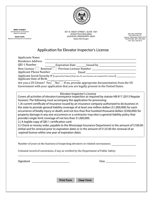 Application for Elevator Inspector's License - Mississippi