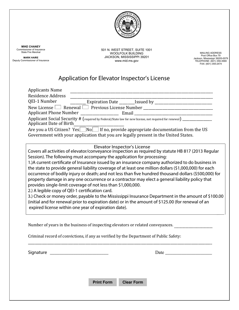 Mississippi Application for Elevator Inspector's License Fill Out