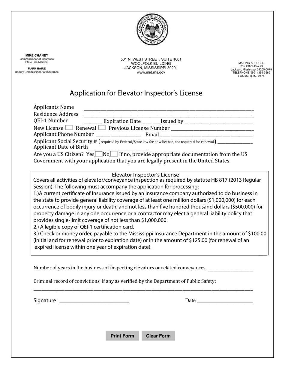 Application for Elevator Inspectors License - Mississippi, Page 1