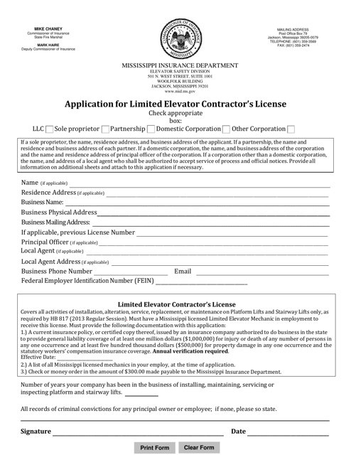 Application for Limited Elevator Contractor's License - Mississippi