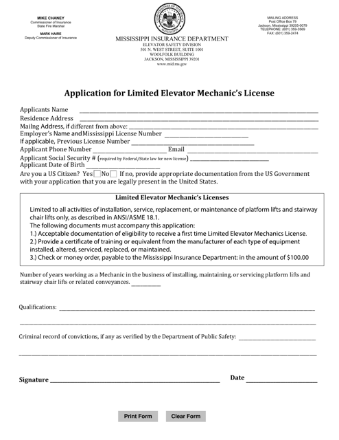 Application for Limited Elevator Mechanic's License - Mississippi