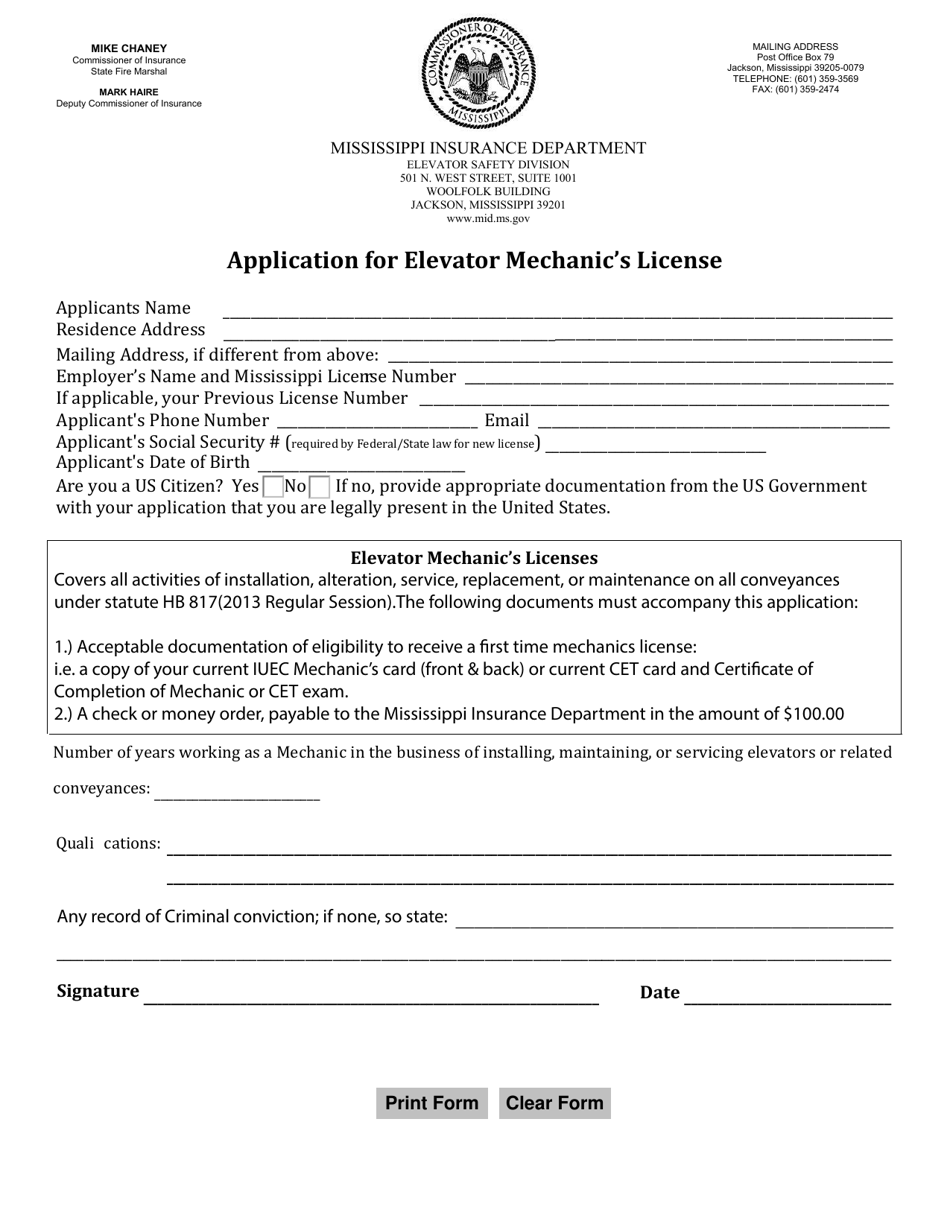 Application for Elevator Mechanics License - Mississippi, Page 1