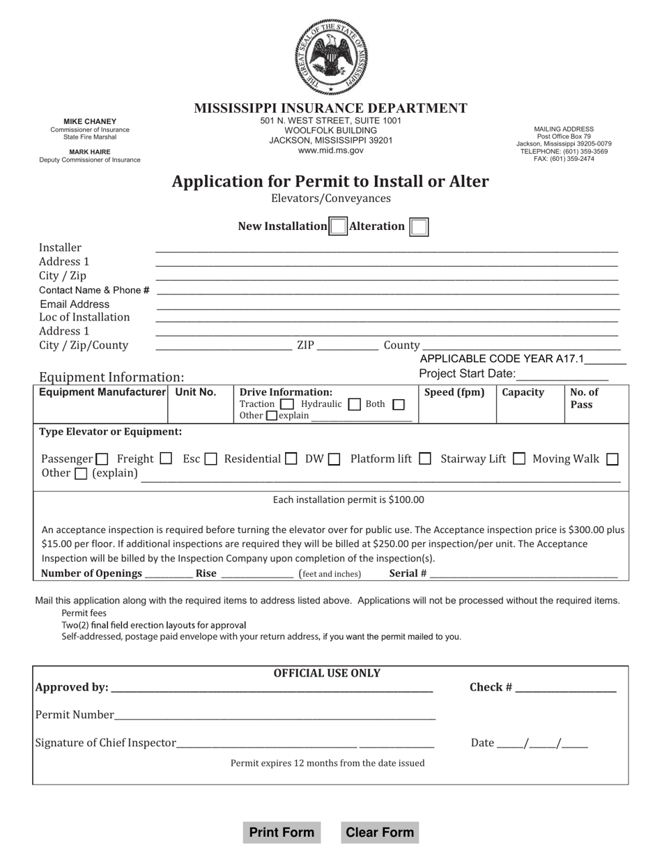 Application for Permit to Install or Alter - Mississippi, Page 1
