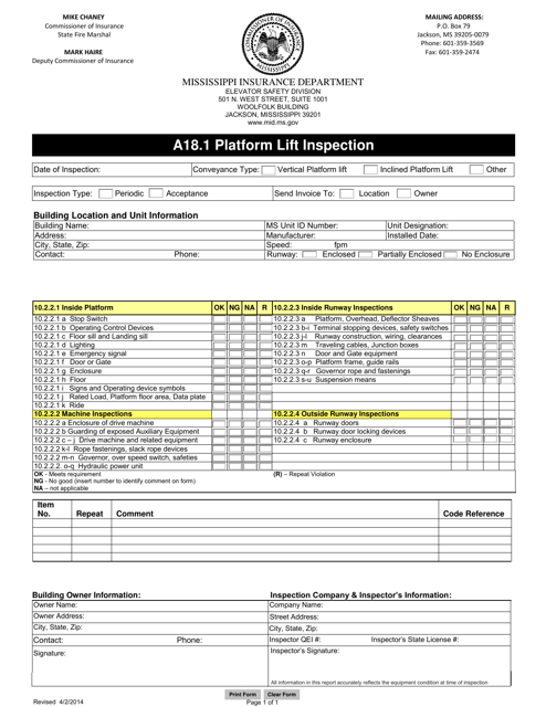 Form A18.1 Platform Lift Inspection - Mississippi