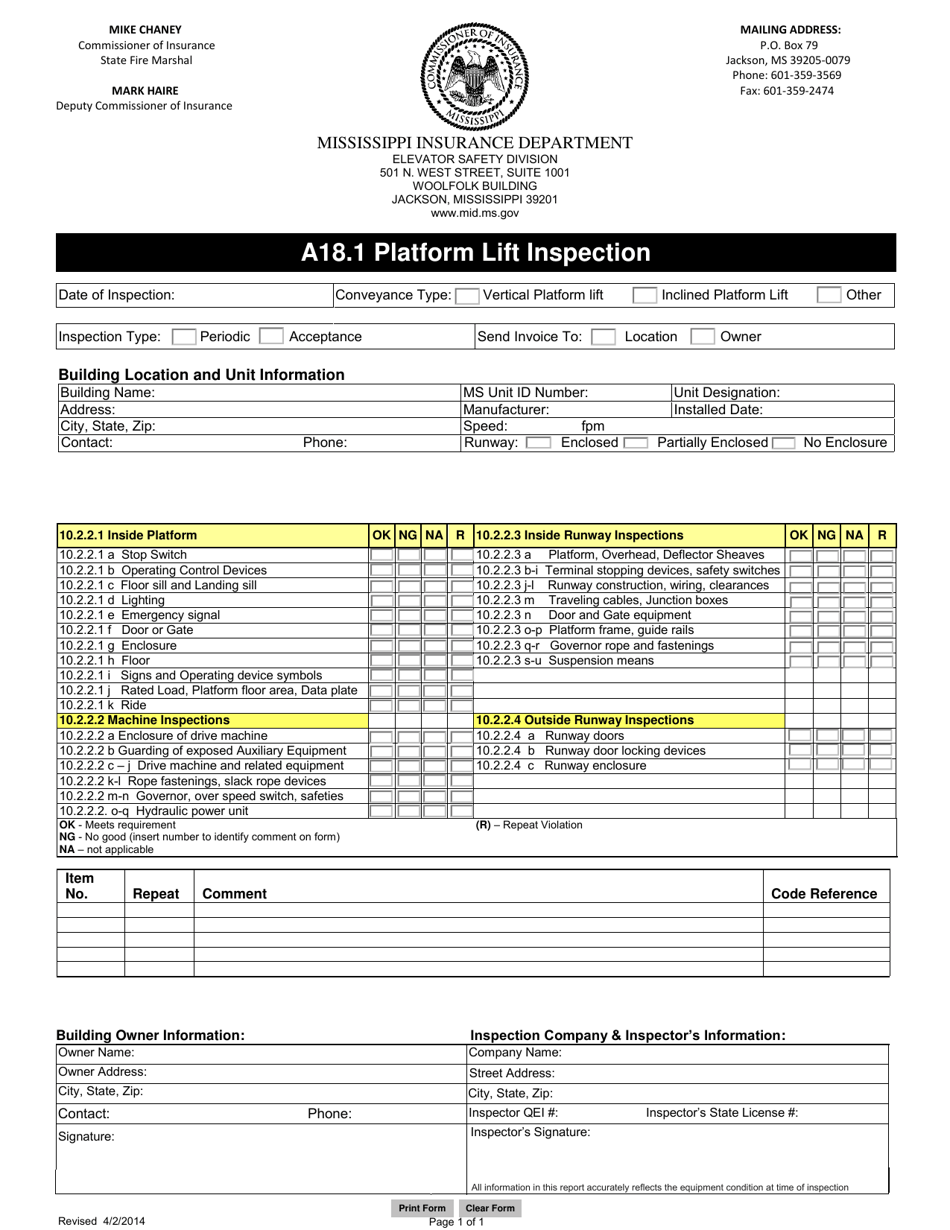 Form A18.1 Platform Lift Inspection - Mississippi, Page 1
