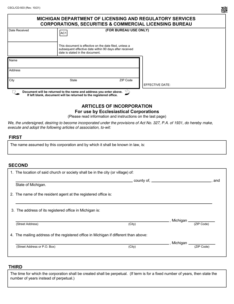 Form CSCL / CD-503 Articles of Incorporation for Use by Ecclesiastical Corporations - Michigan, Page 1
