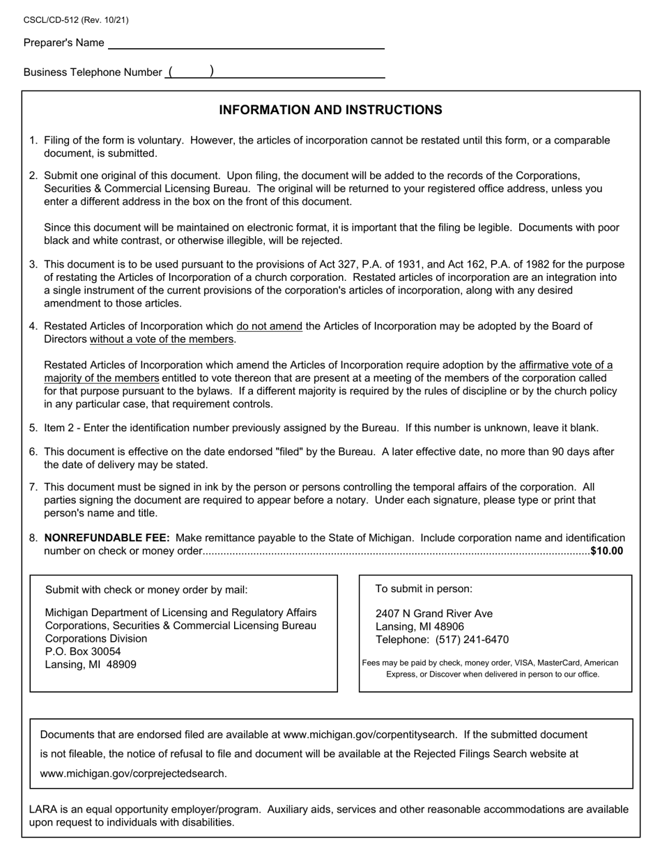 Form CSCL / CD-512 Restated Articles of Incorporation for Use by Ecclesiastical Corporations - Michigan, Page 4