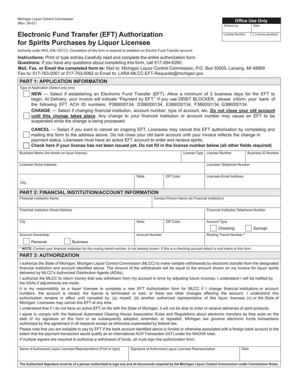 Electronic Fund Transfer (Eft) Authorization for Spirits Purchases by Liquor Licensee - Michigan, Page 1