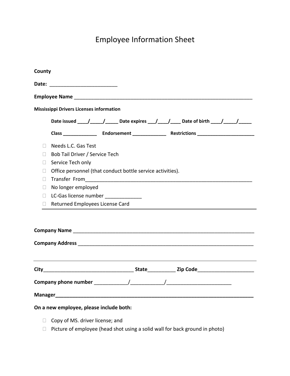 Employee Information Sheet - Mississippi, Page 1