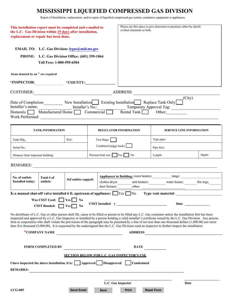 Form LCG-005 State Installation Report - Mississippi, Page 1