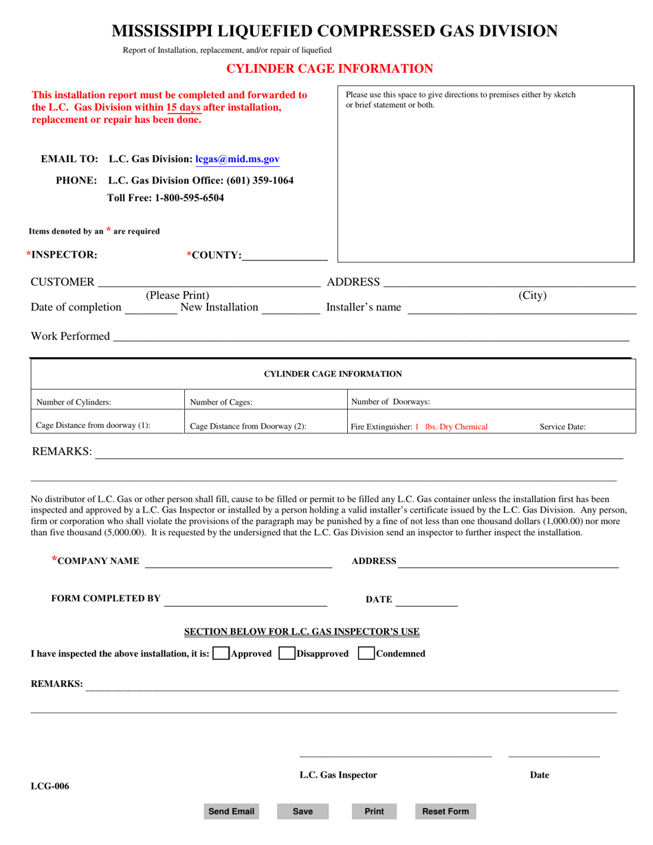 Form LCG-006 Cylinder Cage Information - Mississippi, Page 1