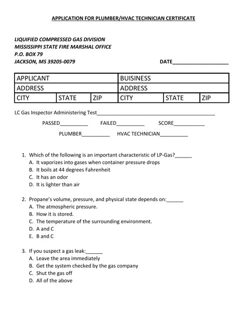 Application for Plumber / HVAC Technician Certificate - Mississippi Download Pdf