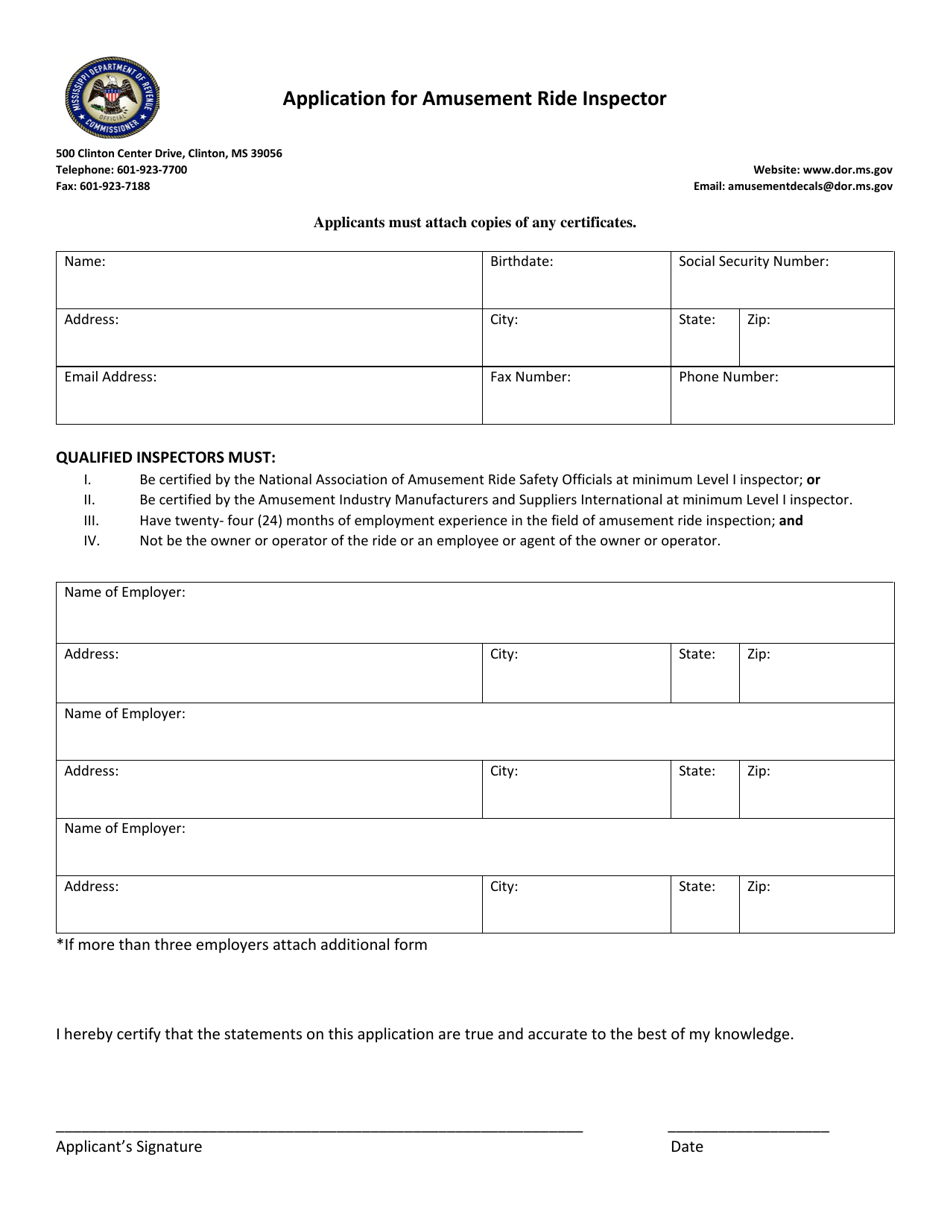 Application for Amusement Ride Inspector - Mississippi, Page 1