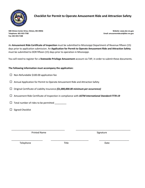 Checklist for Permit to Operate Amusement Ride and Attraction Safety - Mississippi Download Pdf