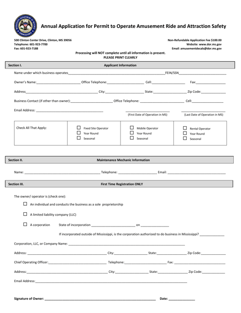 Annual Application for Permit to Operate Amusement Ride and Attraction Safety - Mississippi Download Pdf