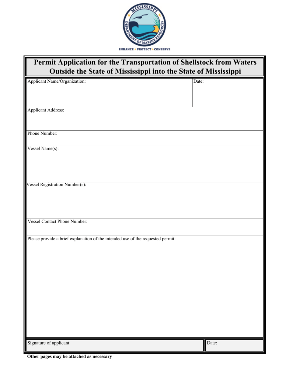 Permit Application for the Transportation of Shellstock From Waters Outside the State of Mississippi Into the State of Mississippi - Mississippi, Page 1