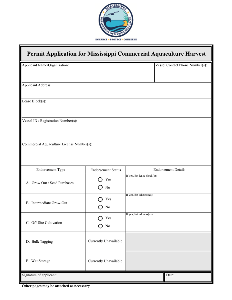Permit Application for Mississippi Commercial Aquaculture Harvest - Mississippi, Page 1