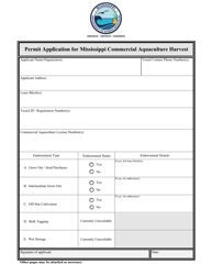 Document preview: Permit Application for Mississippi Commercial Aquaculture Harvest - Mississippi