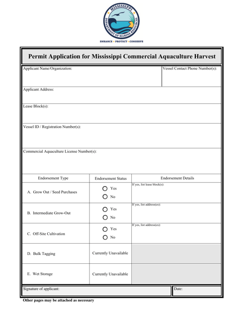 Permit Application for Mississippi Commercial Aquaculture Harvest - Mississippi Download Pdf