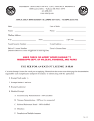 &quot;Application for Resident Exempt Hunting/Fishing License&quot; - Mississippi