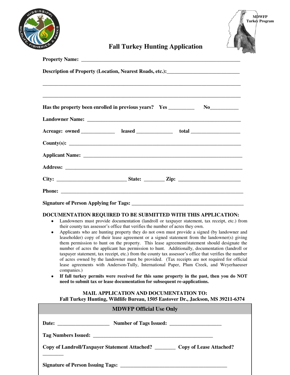 Mississippi Fall Turkey Hunting Application Download Printable PDF