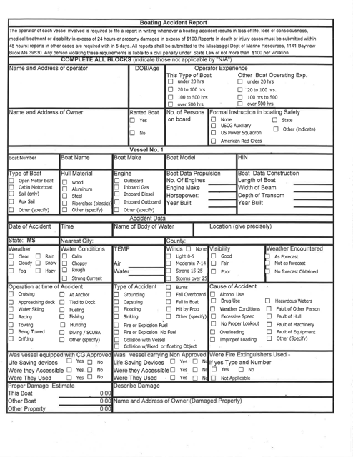 Boating Accident Report Form - Mississippi