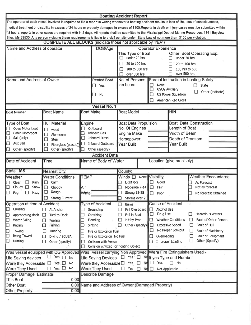 Boating Accident Report Form - Mississippi, Page 1