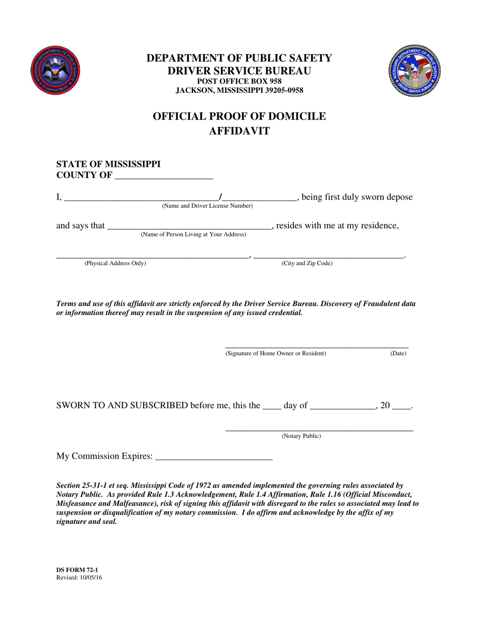 DS Form 72-1 Official Proof of Domicile Affidavit - Mississippi, Page 1