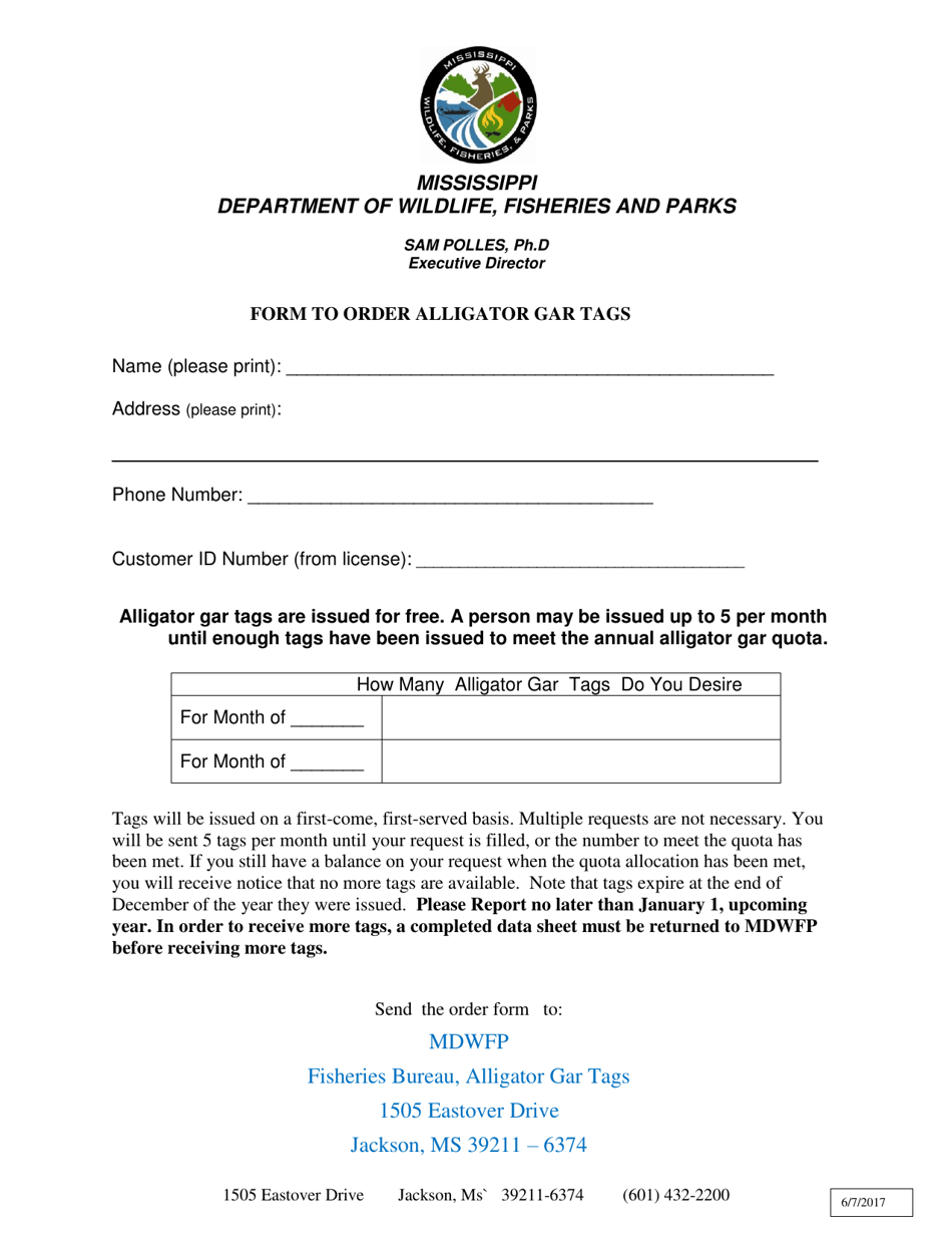 Mississippi Form to Order Alligator Gar Tags Fill Out, Sign Online