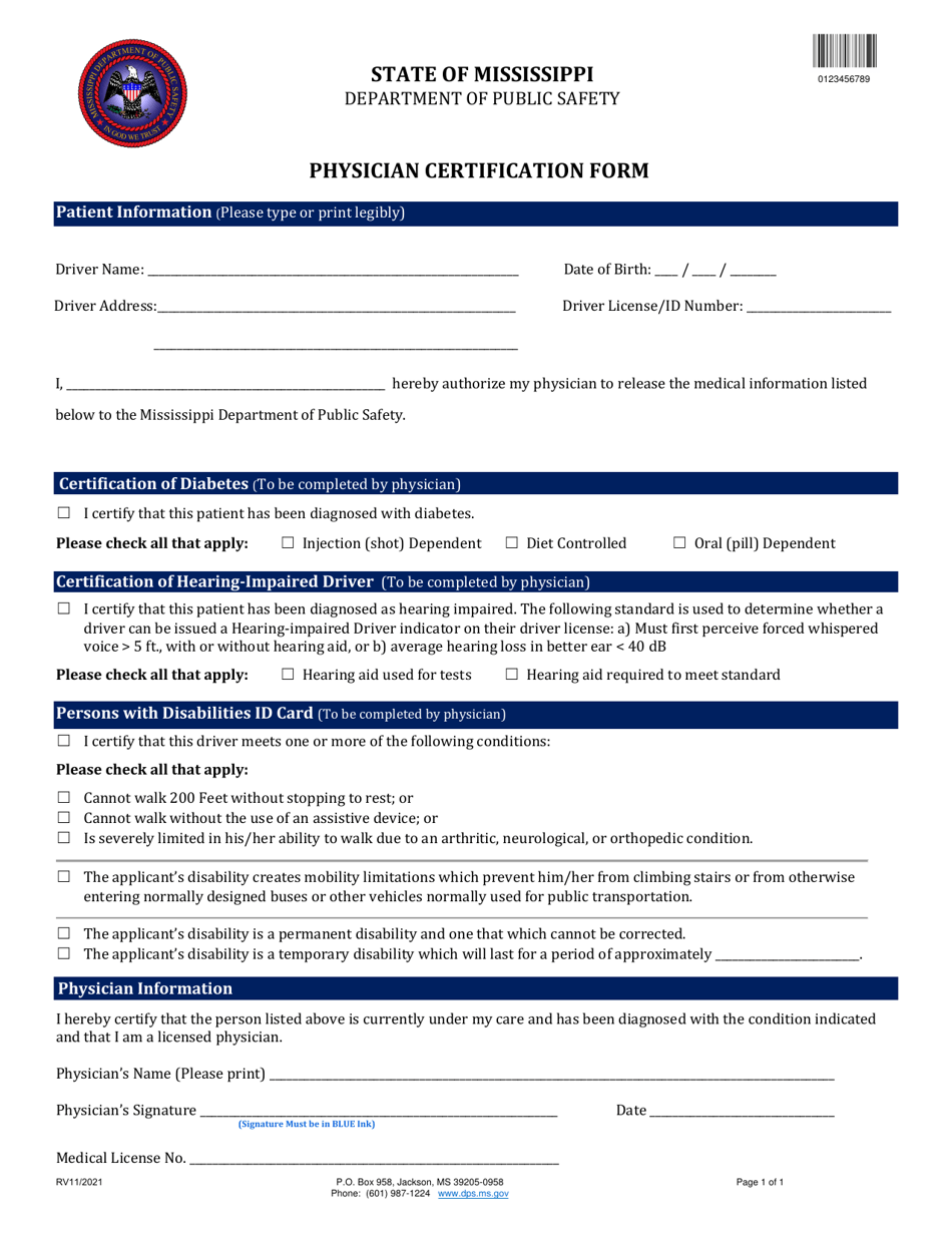 Physician Certification Form - Mississippi, Page 1