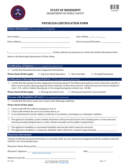 Physician Certification Form - Mississippi Download Pdf