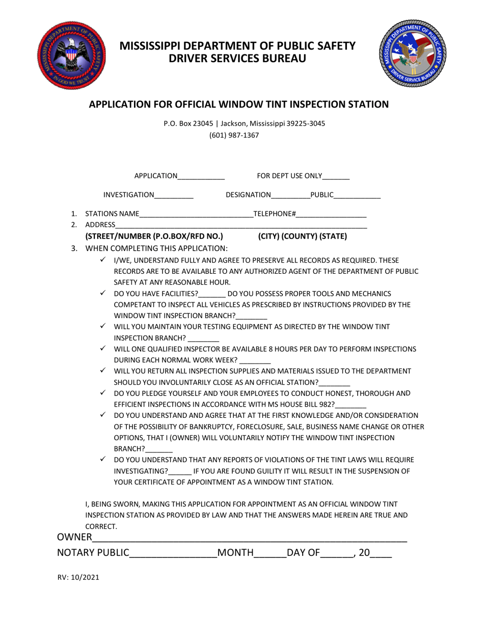 Application for Official Window Tint Inspection Station - Mississippi, Page 1