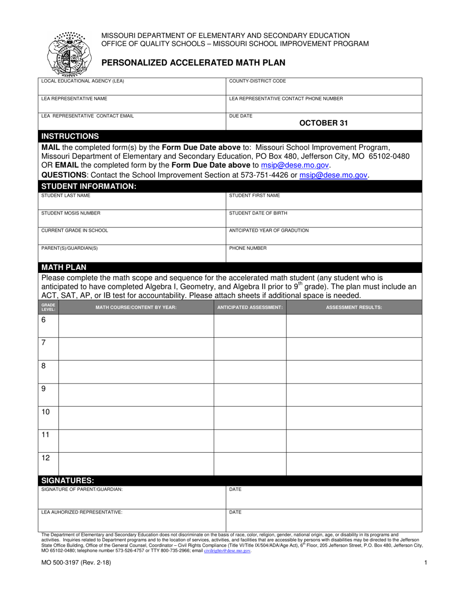 Form MO500-3197 Personalized Accelerated Math Plan - Missouri, Page 1