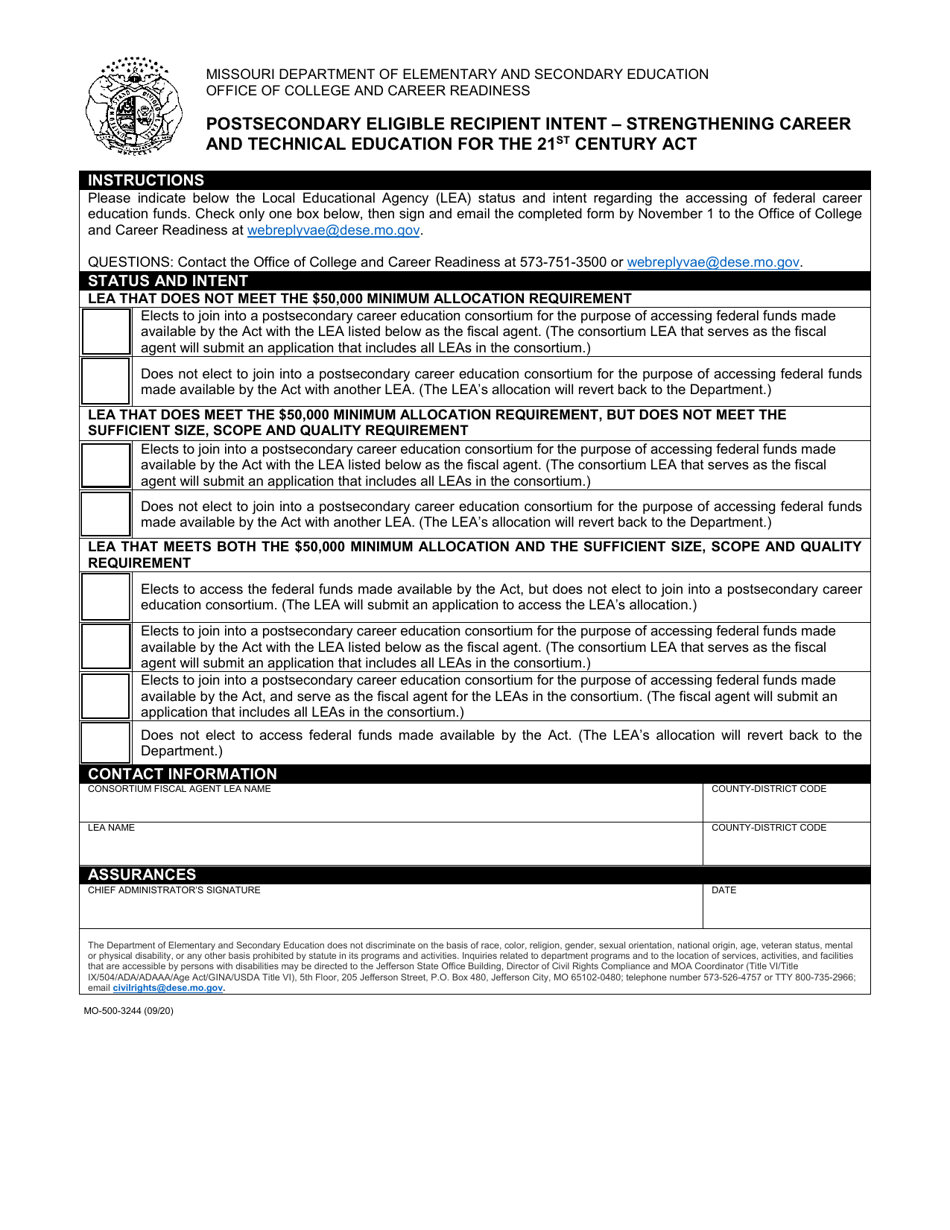 Form MO500-3244 Postsecondary Eligible Recipient Intent - Strengthening Career and Technical Education for the 21st Century Act - Missouri, Page 1