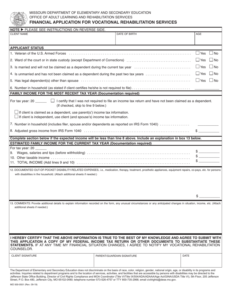 Form MO500-0551 Financial Application for Vocational Rehabilitation Services - Missouri, Page 1