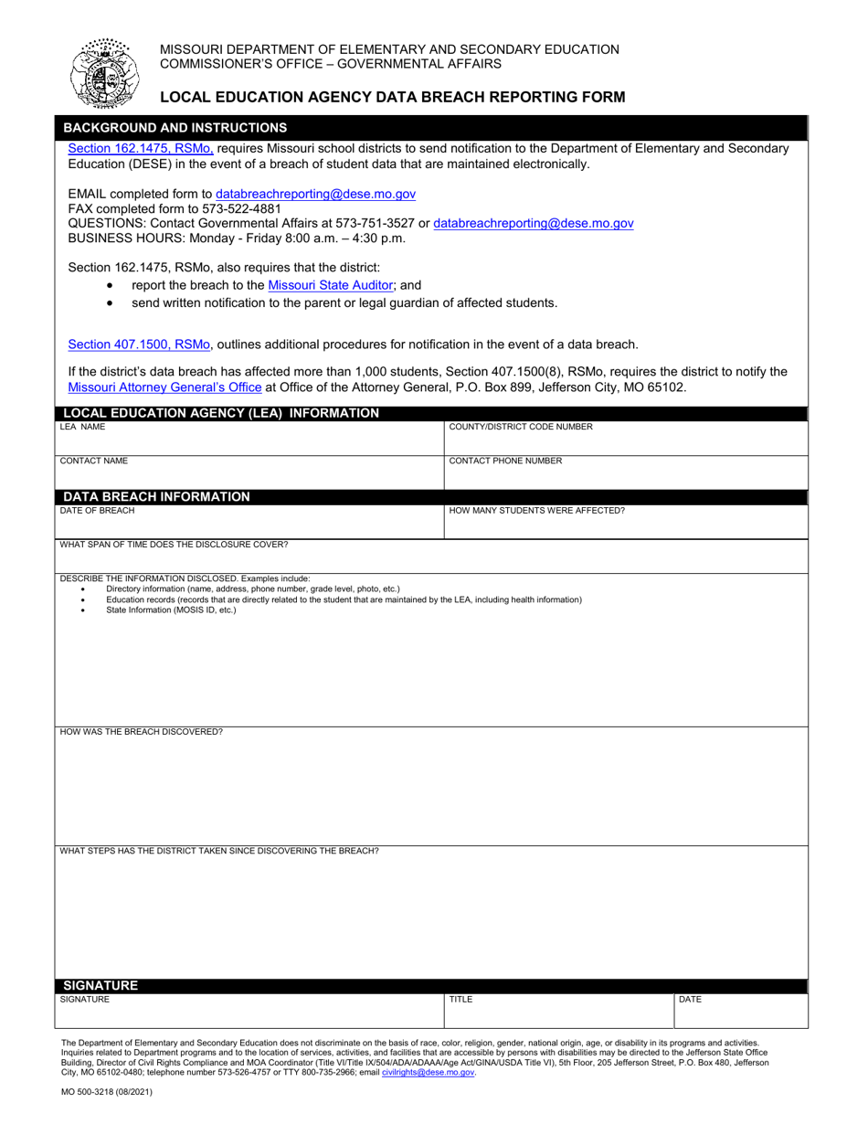 Form MO500-3218 Local Education Agency Data Breach Reporting Form - Missouri, Page 1