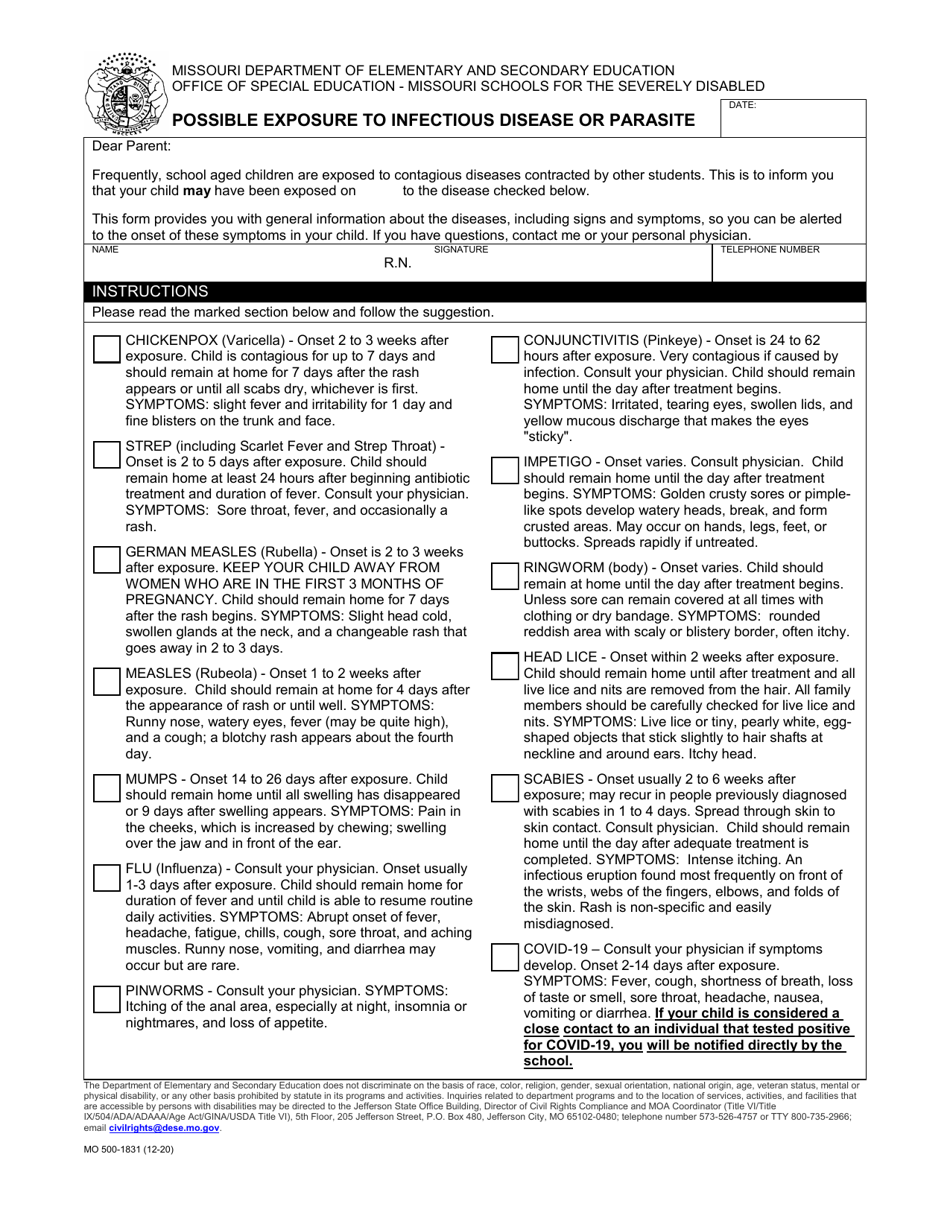 Form MO500-1831 Possible Exposure to Infectious Disease or Parasite - Missouri, Page 1