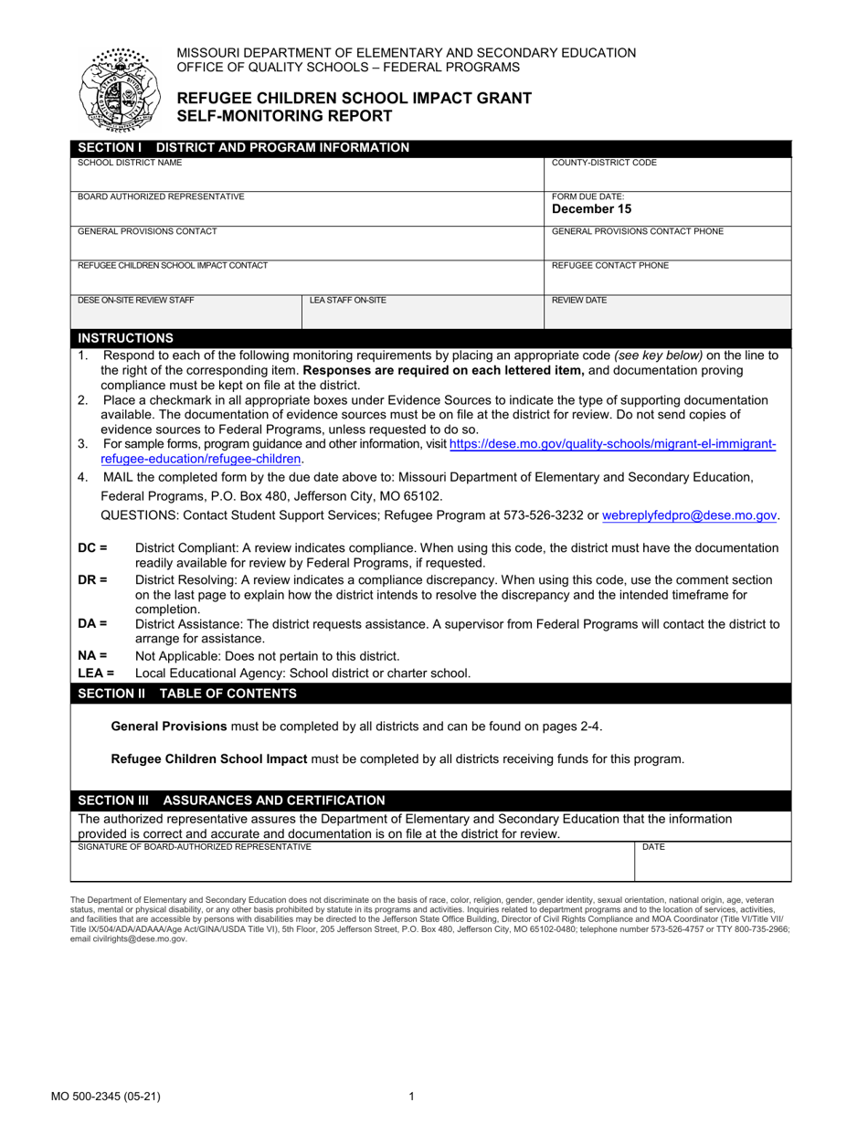 Form MO500-2345 Refugee Children School Impact Grant Self-monitoring Report - Missouri, Page 1