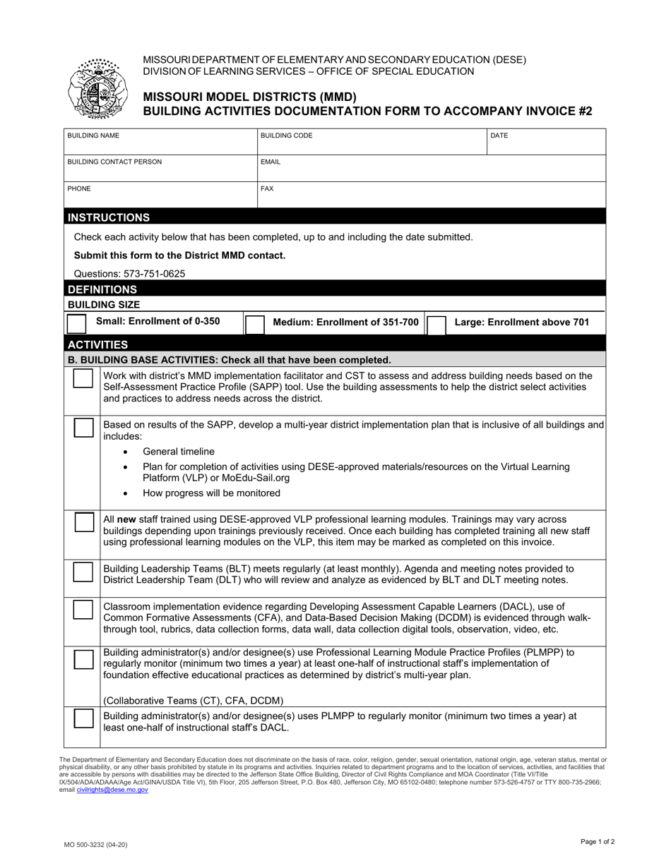 Form MO500-3232 Missouri Model Districts (Mmd) Building Activities Documentation Form to Accompany Invoice 2 - Missouri, Page 1