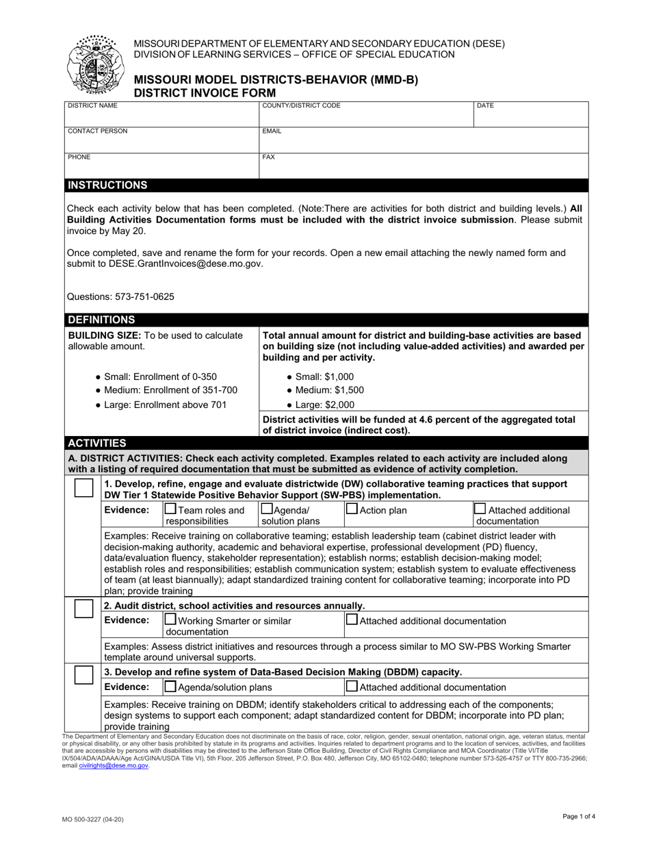 Form MO500-3227 Missouri Model Districts-Behavior (Mmd-B) District Invoice Form - Missouri, Page 1