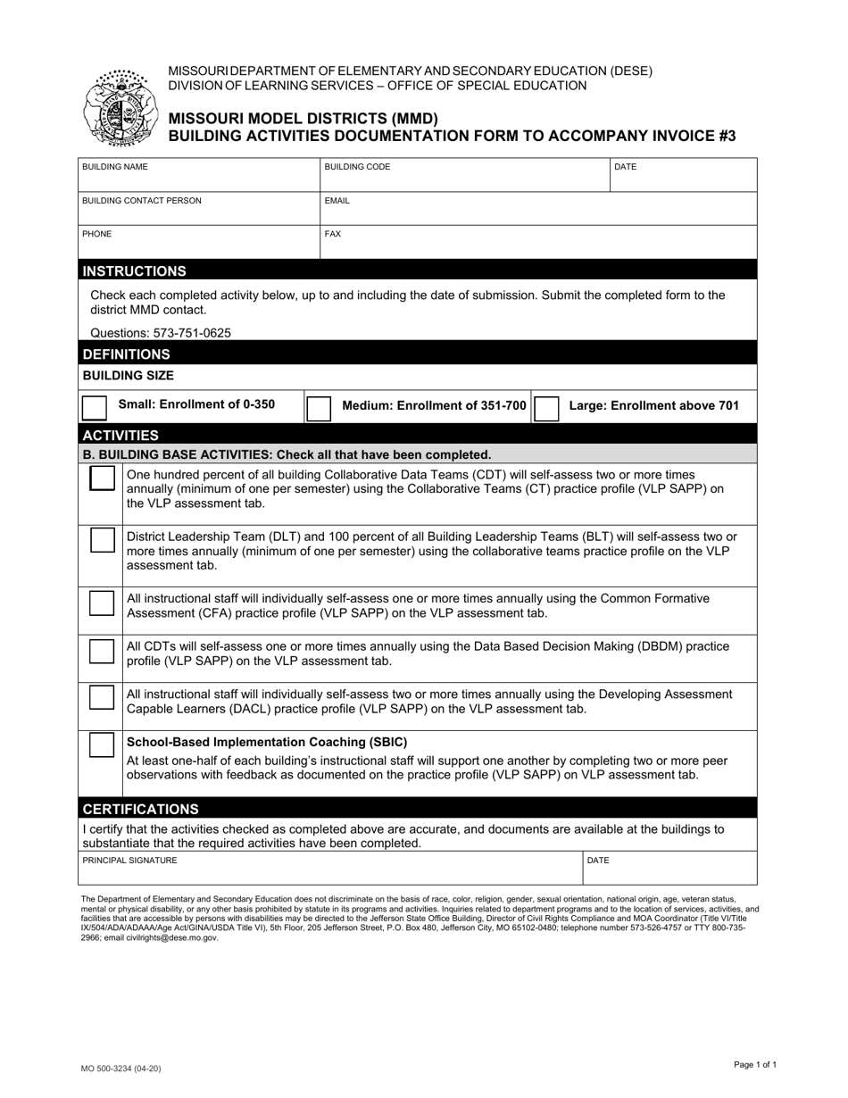 Form MO500-3234 Missouri Model Districts (Mmd) Building Activities Documentation Form to Accompany Invoice 3 - Missouri, Page 1