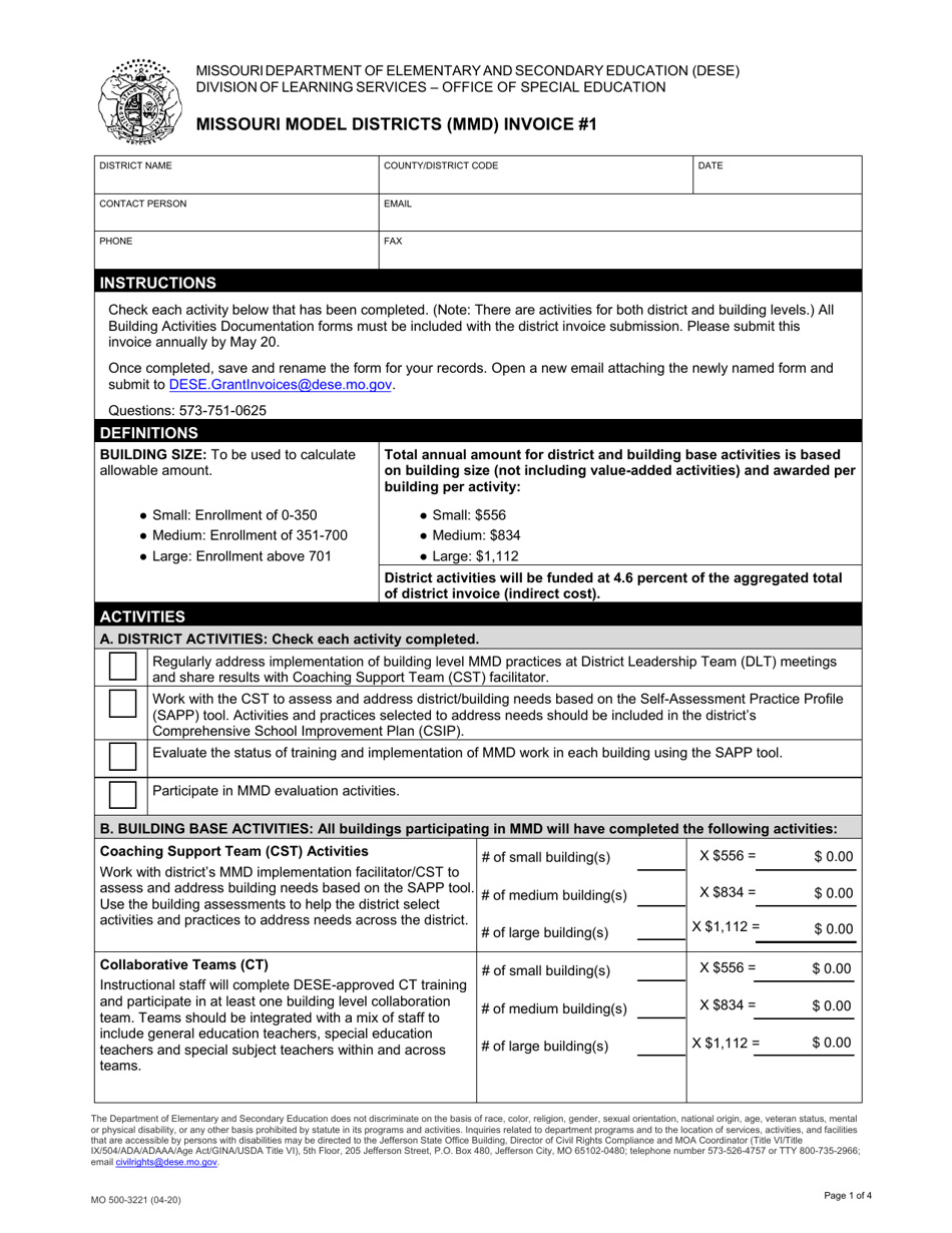 Form MO500-3221 Missouri Model Districts (Mmd) Invoice 1 - Missouri, Page 1