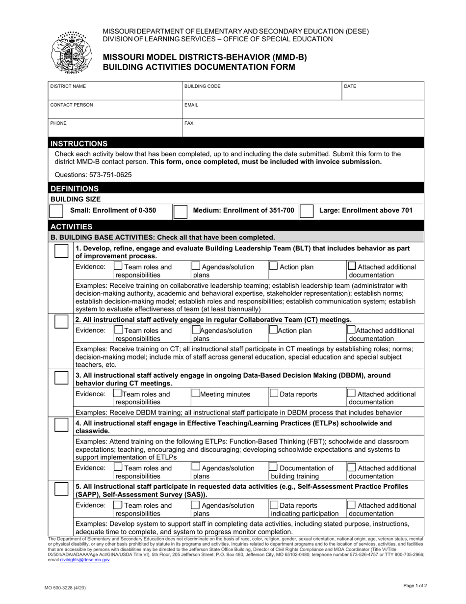 Form MO500-3228 Missouri Model Districts-Behavior (Mmd-B) Building Activities Documentation Form - Missouri, Page 1