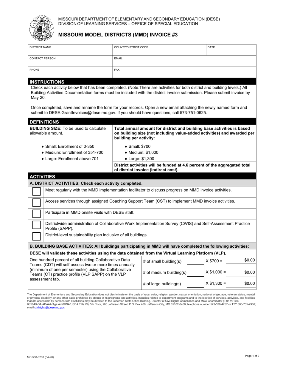 Form MO500-3233 Missouri Model Districts (Mmd) Invoice 3 - Missouri, Page 1